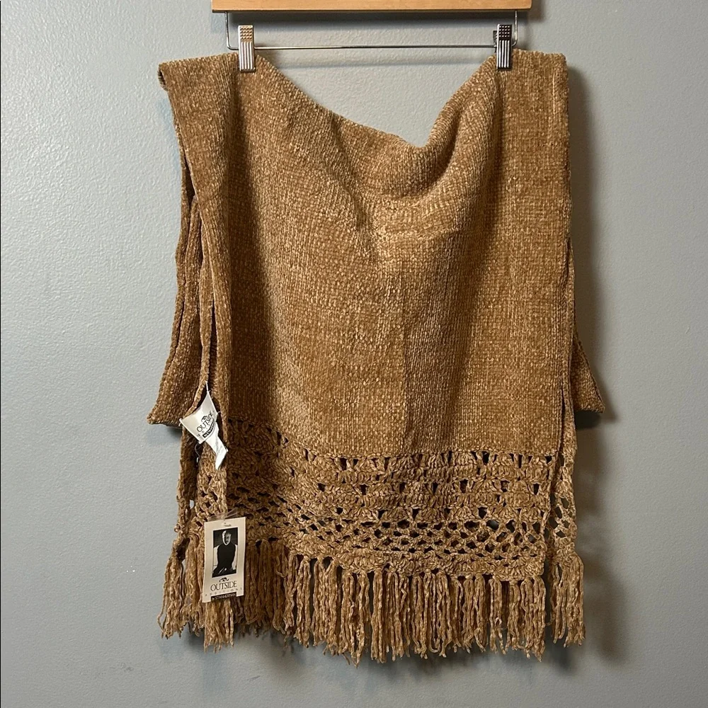 Stan Herman Elegant Tan Crochet Fringe Wrap soft and warm rectangular